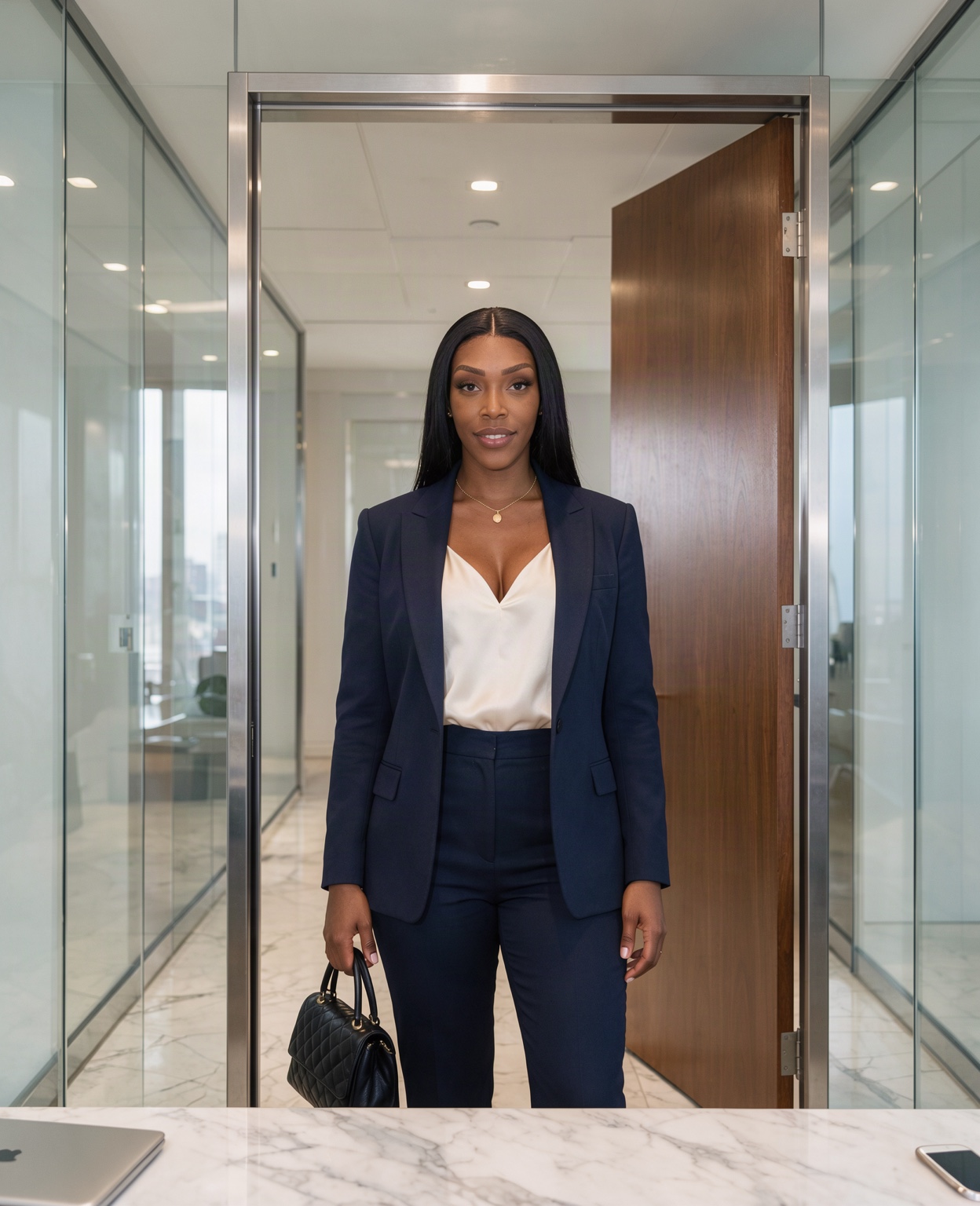 Ermeika wearing a navy blue suit in a modern city office